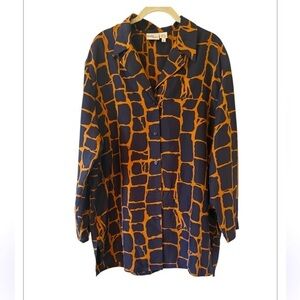 VTG Moda Speigel 100% Silk Navy & Rust Giraffe Print Safari Button Down Size L